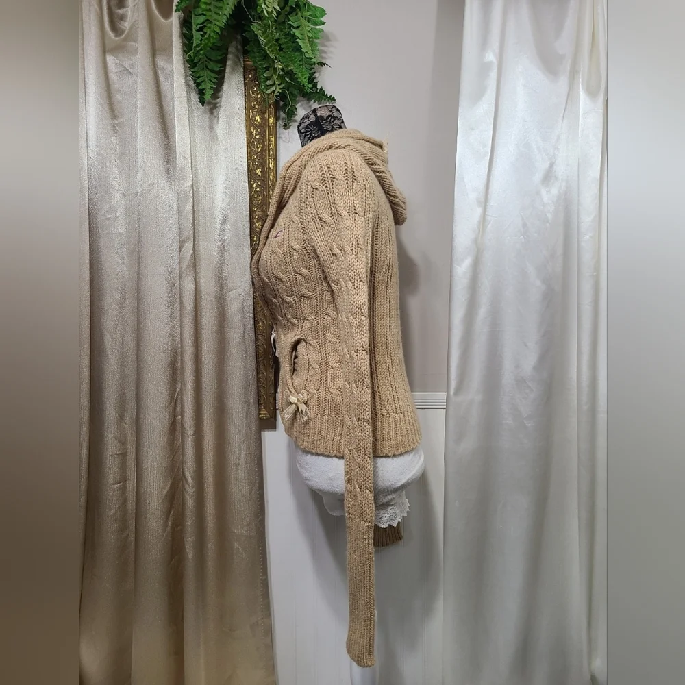 ♡ Y2K ♡ Hollister Tan Wool & Rabbit Hair Zip Down Hooded Babydoll Sweater 2000s - Picture 9 of 13